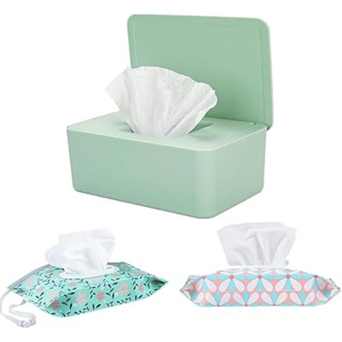Wipes Dispenser with 2Pcs Portable Refillable Wipe Holder,Reusable Large Wipe Holder Box Flushable Wipes Case Bathroom Wipes Container for Pet Nursery Kitchen Office Counter(Green)