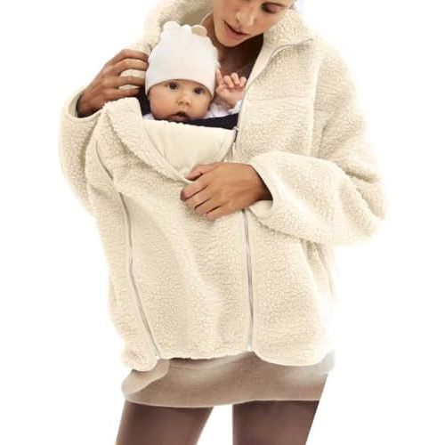 Women Fleece Zip Up 2 in 1 Baby Wearing Jacket Maternity Winter Coat Thicken Kangaroo Sweatshirt