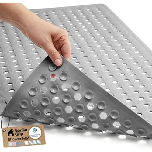 GORILLA GRIP Patented Bath Tub Shower Mat, Machine Washable Bathtub Floor Liner Mats, Suction Cups and Drain Holes to Keep Tubs Clean, Soft on Feet, Bathroom Essentials, 35x16 Inch, Gray Opaque