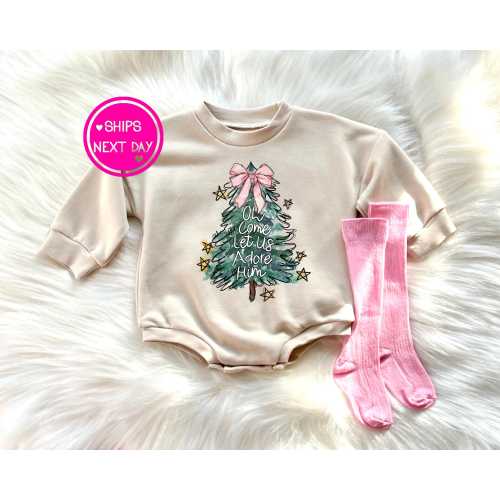 Oh Let Us Adore Him Baby Bubble Romper Baby Girl Christmas Outfit Holiday Bubble Romper Sweatshirt Merry Christmas Romper Baby