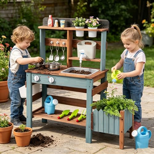 HONEY JOY Mud Kitchen with Planter Box and Running Water, Fir Wood Kids Potting Bench Mud Table, Water Tank & Gardening Tools Set, Sensory Outdoor Play Kitchen for Toddler Girls Boys(Blue)