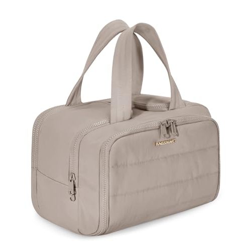 BAGSMART Travel Toiletry Bag, Lightweight Large Wide-open Travel Bag for Women, Puffy Cosmetic Makeup Bag Organizer with Handle for Accessories,Essentials, Toiletries, Grayish Brown