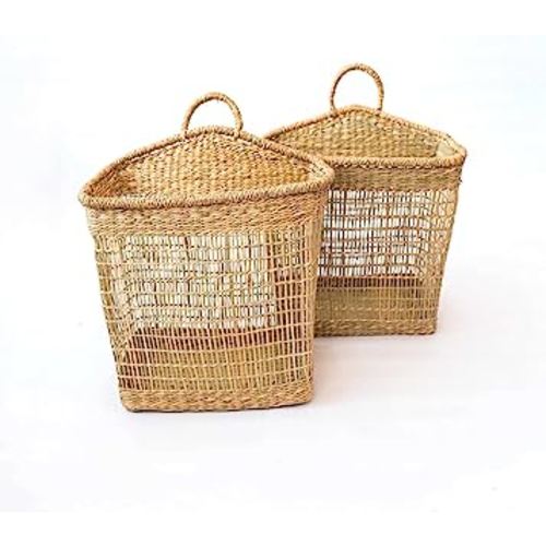 Set of 2 Floppy Seagrass Baskets, natural Woven Storage Basket Handicraft, Wicker Baskets for Laundry, Hanging Planters, Wall Decor for Bathroom, Bedroom, Living Room