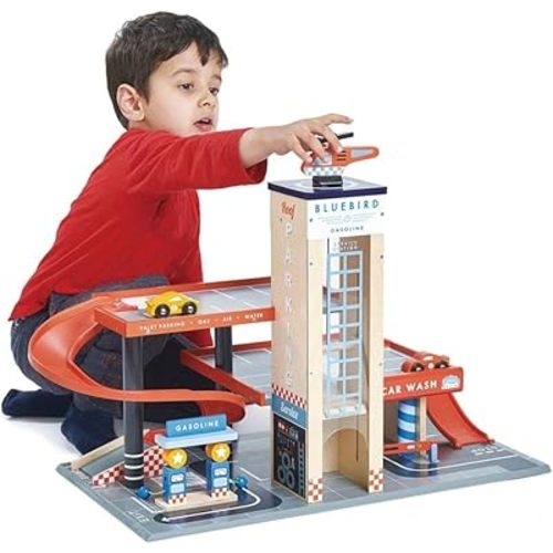 Tender Leaf Toys - Blue Bird Service Station - Classic Wooden Garage and Service Station for Cars and Helicopter with Ramps, Petrol Pumps and Car Wash Center - Imaginary and Roleplay for Children 3+