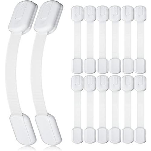 4our Kiddies 14 Pack Baby Proof Cabinet Latches, Childproof Drawer Latches with 12 Extra 3M Adhesives, Adjustable No Drilling Child Safety Cabinet Locks Straps Baby Drawer Locks for Kids Baby Safety
