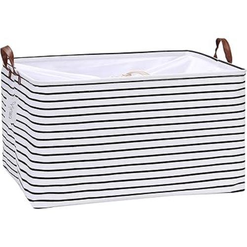 Hinwo 70L Extra Large Storage Bins, Closet Organizers and Storage, Foldable Clothes Storage Baskets with Handles, Containers for Clothing, Blanket, Comforters, Toys, Bedding (Black Stripe)