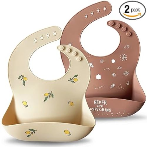 Moonkie Silicone Baby Bibs Set of 2, BPA Free Waterproof Baby Bibs for Eating, Soft Adjustable Silicone Bibs for Babies 6-12 Months, Toddler Bibs with Pocket Food Catcher (Shifting Sand/Burlwood)