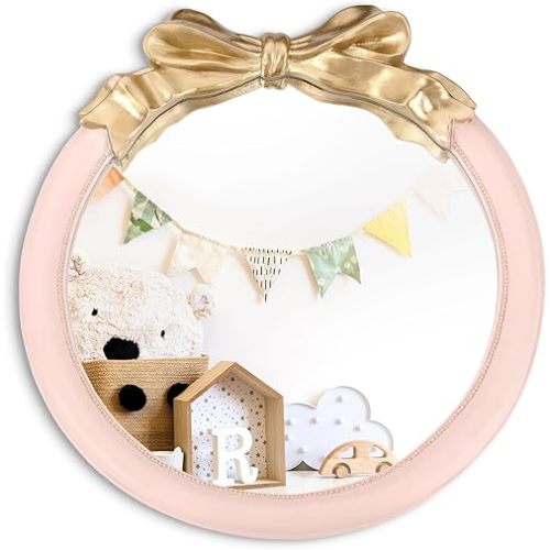 18 Inch Nursery Mirror, Bow Wall Mounted Mirror for Girl Princess Vintage Nursery Decor for Girls Bedroom(Pink)