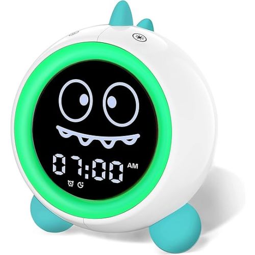 H-chin Kids Alarm Clock, Toddler Sleep Training Clock with Night Lights, Sound Machine, Time to Wake Dinosaur Alarm Clock for Children, Gift Ideas for Kids Toddler Boy Girl (Green)