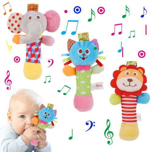 sixwipe 3 Pcs Baby Soft Rattles Toys, Baby Sensory Rattle Toys, Plush Animal Rattle Toys, Infant Squeak Sound Sensory Toys for 0-6 Months Newborn