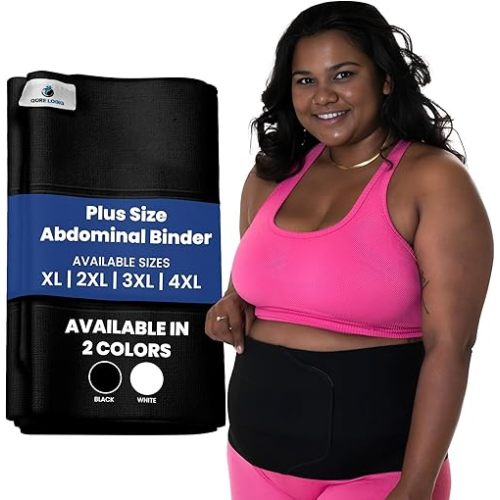 QORE LOGIQ Plus Size Abdominal Binder Post Surgery - C Section Belly Binder, Postpartum Belly Band, Adjustable 12" Compression Wrap for Stomach & Hernia Belt, Black 4XL