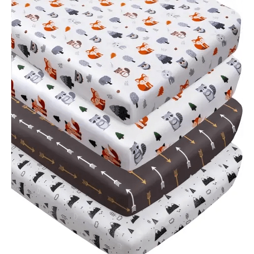 4 Pack Woodland Forest Animals Wood Neutral Unisex Fitted Baby Crib Sheets Set for Baby Boys or Girls Fox