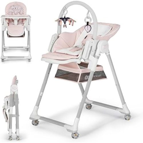 Kinderkraft Lastree 2-in-1 Baby High Chair & Recliner, 4 Wheels, Pink