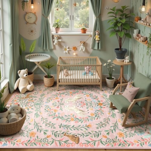 Myrrha Washable Fantasy Garden and Unicorn Pink Rug