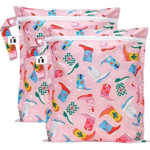 Bumkins Roamio - Waterproof Wet Bag - For Baby, Travel, Swim Suit, Cloth Diapers, Pump Parts, Pool, Gym, Toiletry, Strap to Stroller - Reusable & Easy to Clean - 2pk Cowgirl Boots
