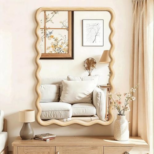 Wavy Mirror for Wall, 30"x20" Boho Bathroom Floor Vanity Mirror with Wooden Frame, for Bedroom, Living Room, Entryway, Farmhouse