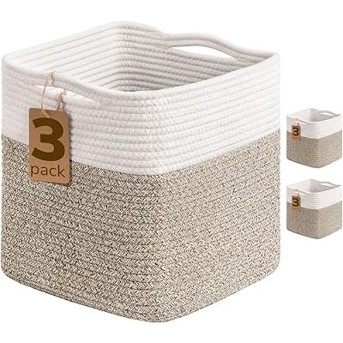 INDRESSME 11x11 Cube Storage Bins, 3-Pack Rope Woven Baskets for Organizing Storage Baskets for Shelves Gift Organization Empty Square Toy Bins for Classroom, Nursery Closet, White & Brown
