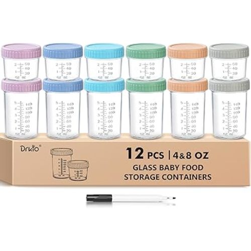 DRKIO 12 Pack Glass Baby Food Storage Containers - 4 & 8 oz Baby Food Jars with Lids Baby Food Maker Microwave Dishwasher Freezer Safe 100% Leak Proof BPA Free Reusable