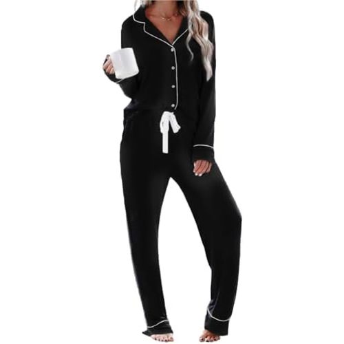 Womens Long Sleeve Pajamas Set Soft Sleepwear Shirt and Long Pants Pj Lounge Sets Button Down Nightwear with Pockets