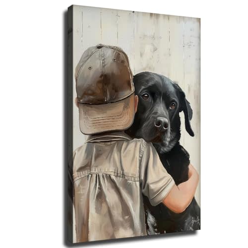 LXZNRQU Labrador Nursery Canvas Wall Decor, Boy and Dog Wall Art, Black Lab Wall Art for Toddler Boy Room Gift Ready To Hang (Wrapped Canvas,16×24 inch)