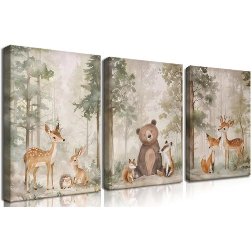 Nursery Canvas Wall Art Set of 3 - Woodland Wild Animals Bear Fox Deer Watercolor Paintings Pictures Wall Decor, Forest Animal Decor for Boys Girls Room Decoration 12x16 inch Framed