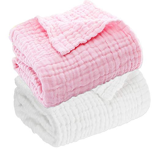 Aablexema Muslin Baby Blanket Set of 2, 6-Layers 43 x 43 Inches Baby Bath Towel Swaddle Wrap Blankets for Newborn Girls(White & Pink)