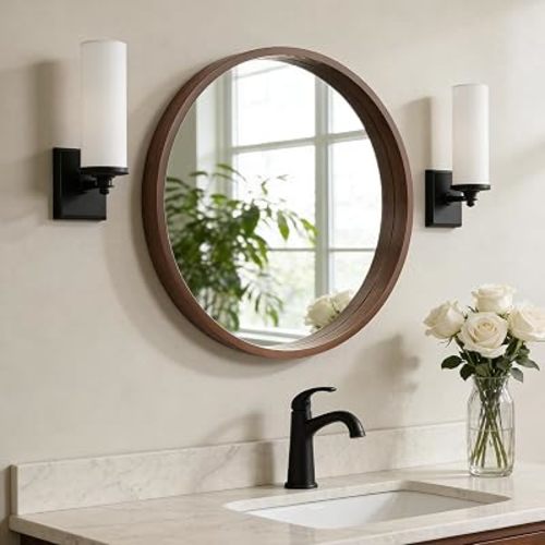 WallBeyond 24 Inch Round Wood Mirror, Circle Wooden Frame Wall Mirror for Bathroom, Living Room, Bedroom, Entryway (Walnut)