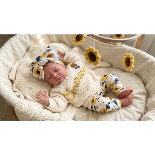 Personalized Newborn Baby Girl Outfit: Embroidered Name Sweater, Knit Booties, Sunflower Set