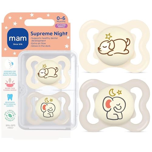 MAM Supreme Baby Pacifier, Newborns 0-6 Months, Developed with Orthodontists, Extra Air Flow for Sensitive Skin, Glows in The Dark, BPA-Free Silicone, Sterilizer Case, Pack of 2, Made in Europe