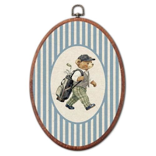XSTWLJ Vintage Bear Golf Nursery Oval Wall Art, Blue Striped Canvas Prints Framed, Retro Decor Wall Art Hanging Decor for Bedroom Kids Toddler Room Playroom Decoration, 8.6x11.4 Inch