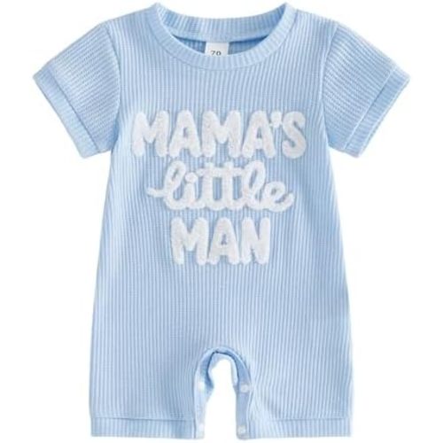 Sejardin Newborn Infant Baby Boy Summer Jumpsuit Letter Embroidery Short Sleeve Crew Neck Romper Waffle Outfit
