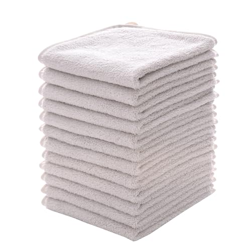 MUKIN Baby Washcloths Set - 12 Pack 12x12 Inches Microfiber Coral Fleece Face Towel for Newborns, Infant, Toddlers or Kids. Ultra Soft and Absorbent wash Cloth for Baby (Gray)
