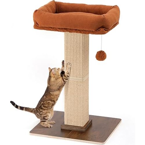 FUKUMARU Cat Scratching Post, Retro-Style Tall Scratch Posts with Perch for Infoor Cats Adults, Large Cat Scratcher Tower with Bed, Natural Sisal & Solid Wood