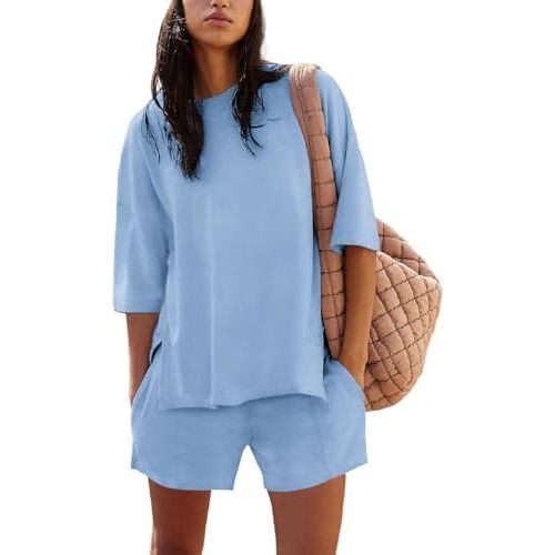 Womens Shorts Sets 2 Piece Outfits Summer 2025 Half Sleeve Crew Neck Cotton Lounge Sets Matching Clothing