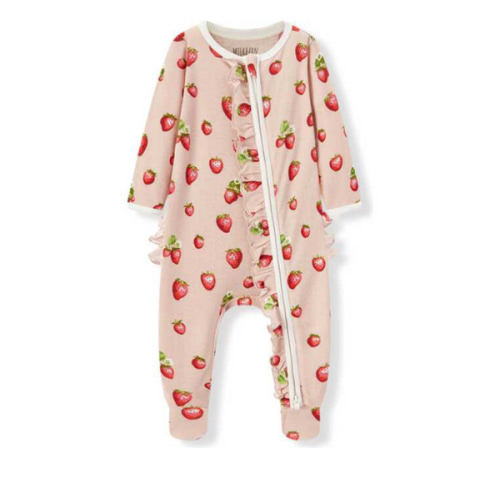 Strawberry Organic Cotton Ruffle Footed Romper - Milkbarn Kids Sleepwear | Maisonette