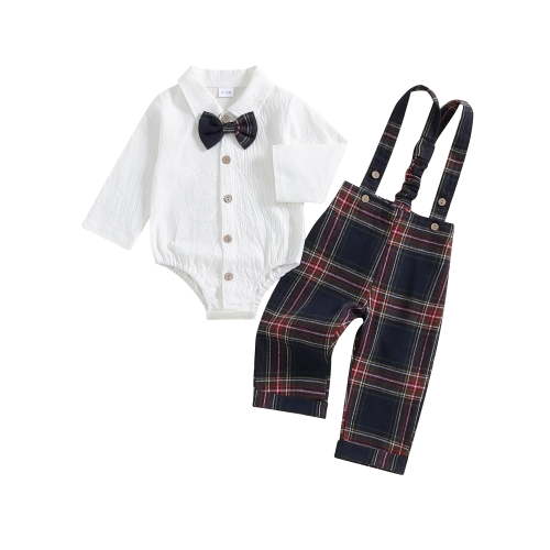 Suealasg Christmas Newborn Baby Boy Gentleman Outfit Long Sleeve Lapel Neck Romper+ Plaid Suspender Pants + Bow Tie 0 6 9 12 18 Months Infant Boys Fall Winter 3Pcs Clothes Set