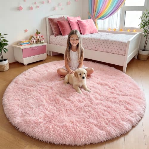 Light Pink Fluffy Round Rug Circle Area Rugs 4ft for Girls Kids Bedroom | Soft Plush Shaggy Circular Non-Slip Carpet for Nursery Teen Dorm Classroom Playroom Living Room Bedside Home Decor Aesthetic
