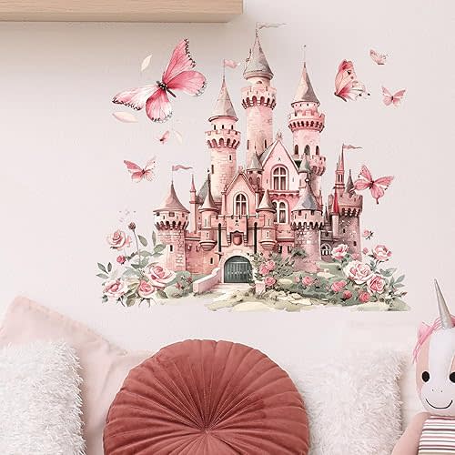 Watercolor Red Castle Wall Stickers, Butterfly Flower for Girls Peel and Stick Wall Decals, Baby Room Nursery Kids Bedroom Art Wall Decor