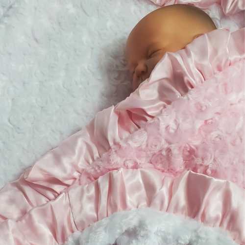Personalized Pink Rose Swirl Minky Baby Blanket, Satin Ruffle