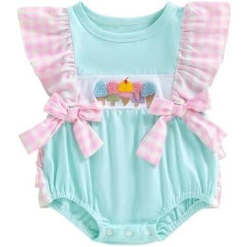 Newborn Outfits Baby Girl Clothes Summer Fly Sleeve Ice Cream Embroidery Romper Plaid Bow Ruffle Bodysuit Jumpsuit