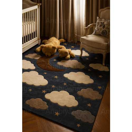 Hand-Tufted Wool Kids Rug: Moon, Clouds & Stars Nursery Carpet kids home decor all size and custom size any coloure avalible