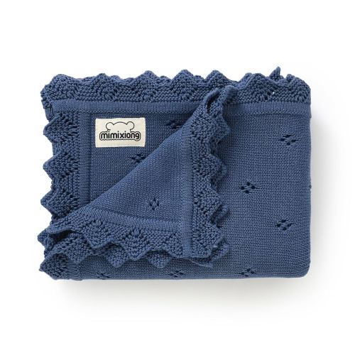 mimixiong Cotton Baby Blanket Knitted Crochet Receiving Crib Nursery Swaddling Blankets for Newborn Baby Boy Girl with The Bunny Rattle (Denim Blue)