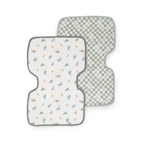 Organic Cotton Muslin Burp Cloth 2 Pack - Little Dino + Green Checker