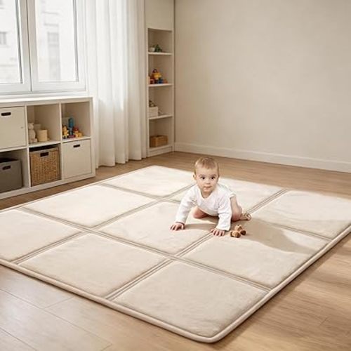 Goyuu Foldable Baby Play Mat for Floor, 50x50 Playpen Mat, Soft Velvet Baby Play Mat 0.8" Baby Thicken Cushioned Crawling Mat Tummy Time Mat, Non-Slip Play Mat Portable for Babies & Toddlers,Beige