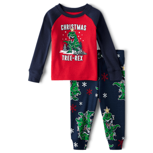 Baby And Toddler Matching Family Glow Christmas Tree-Rex Snug Fit Cotton Pajamas - Blue
