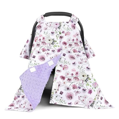 Baby Car Seat Cover, Soft Minky Warm Winter Car Seat Canopy for Infants & Toddlers, Opening with Adjustable Strap, Breathable Nursing Cover & Stroller Blanket, Purple Flowers (Fits Most Car Seats)