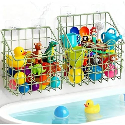 Greentainer 2 Pack Bath Toy Storage Organizer, Large Rustproof Metal Wire Basket, Wall Mounted Hanging Bathtub Holder, Bathroom Shower Caddy for Tub Toys & Toiletries