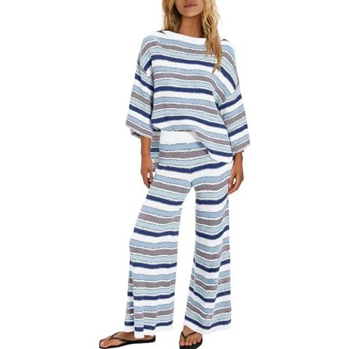 ReachMe Womens Oversized Striped 2 Piece Sets Sweater and Wide Leg Pants with Pockets Pajama Lounge Sets Casual Outfits