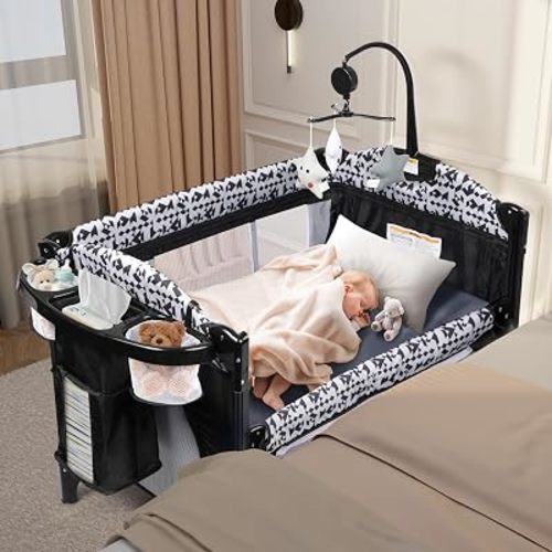 5-in-1 Pack and Play, Baby Bassinet Bedside Sleeper with Diaper Changer, Storage Bag & Music Box, Portable Baby Crib with Carry Bag, Foldable Playard with Bassinet for Newborn to Toddlers