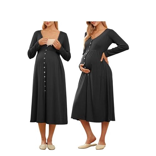 OUGES Cotton Blend Maternity Pajamas Nightgown Button Down Nursing Gown Labor Delivery Breastfeeding Dress with Pockets